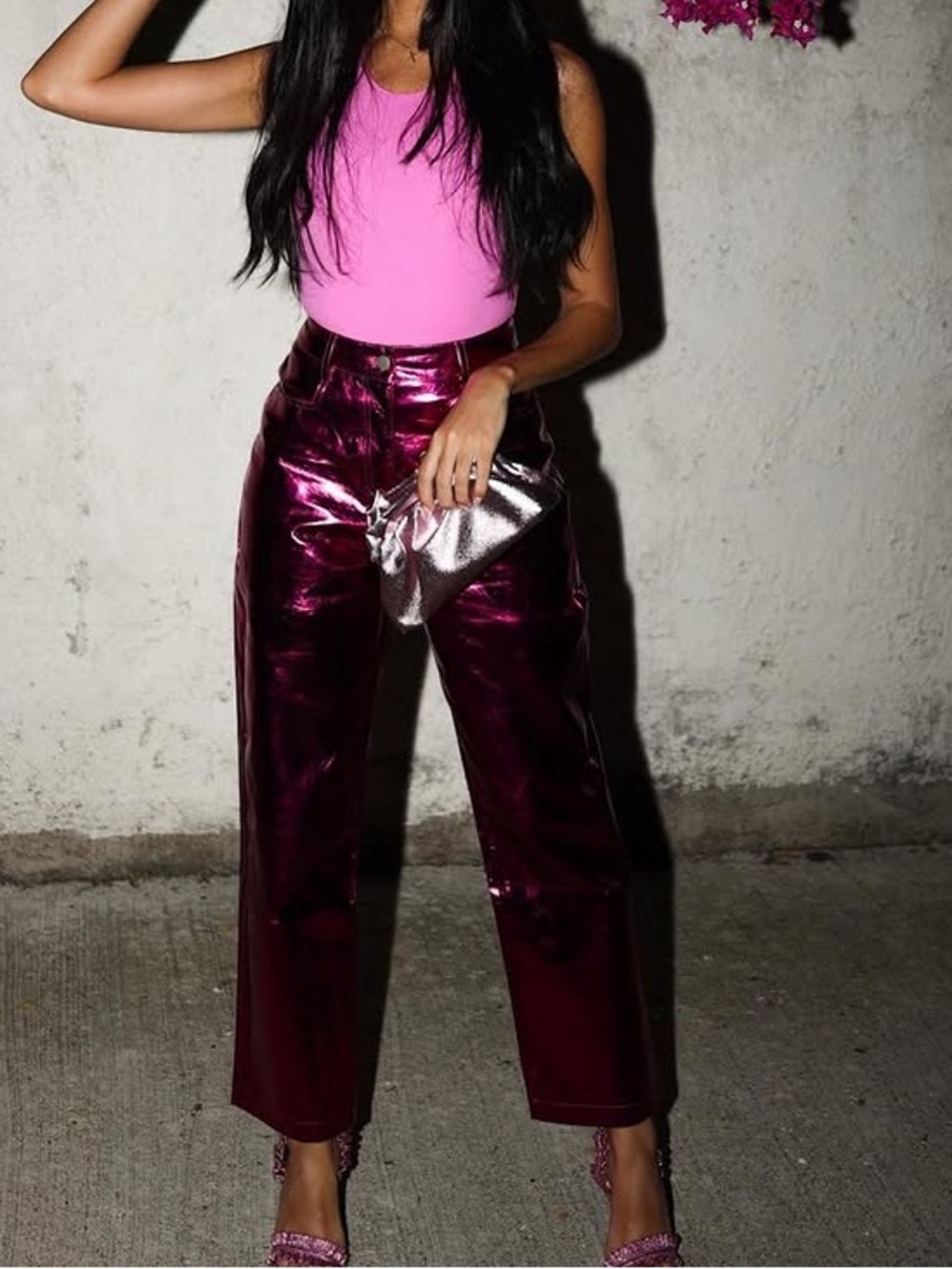 Metallic Pink High-Waist Pants